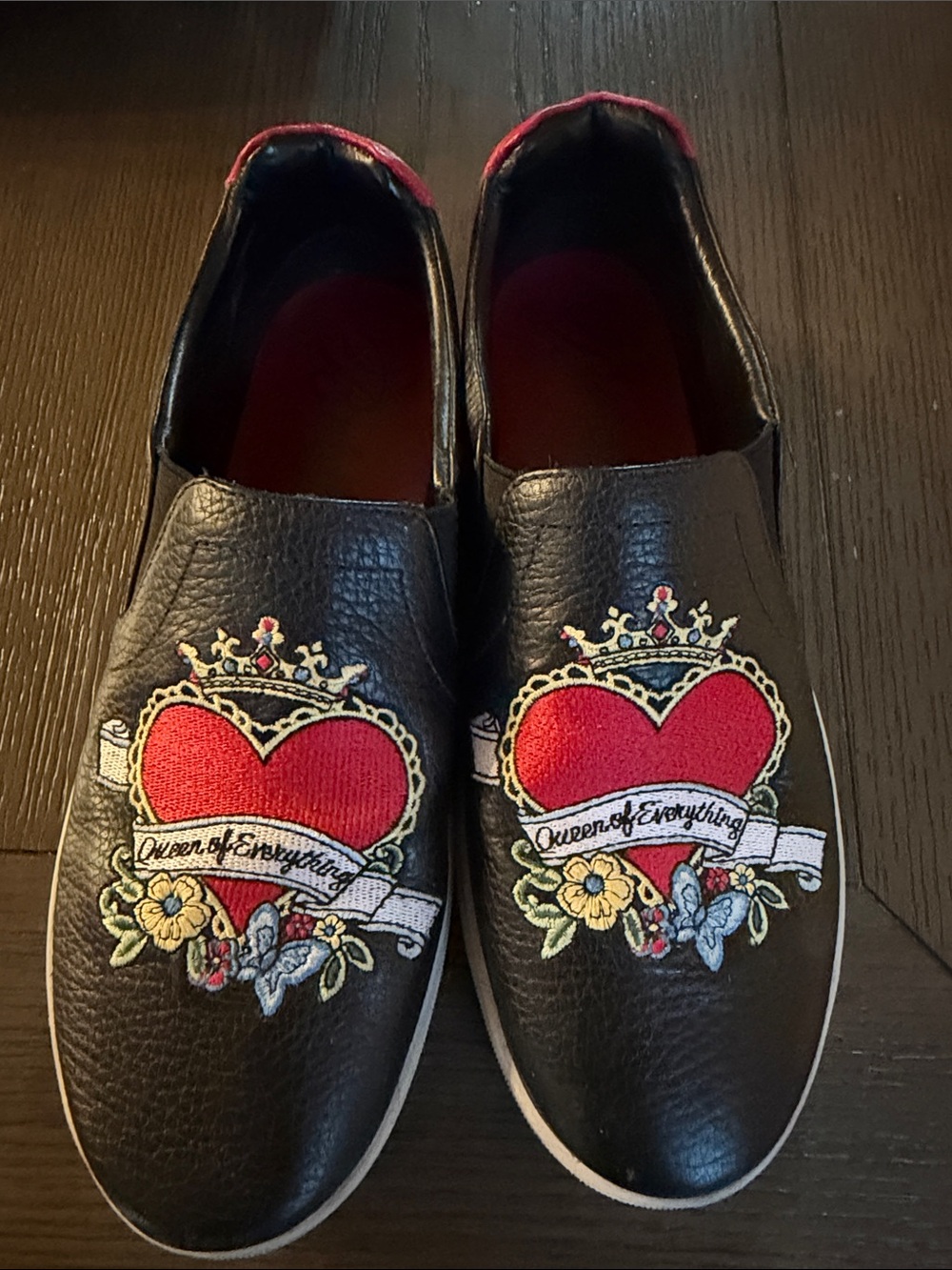 Brighton Queen of Everything Black Slip-On Sneakers with Red Heart Embroidery